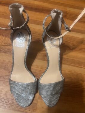 Vince Camuto Silver Glitter Ankle Strap Heels